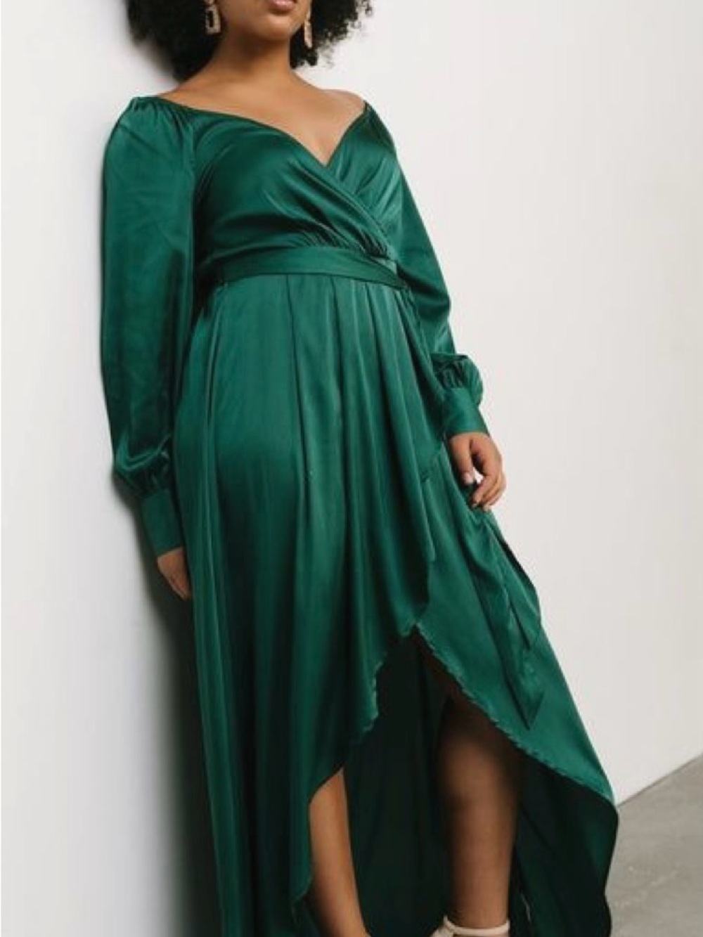 Baltic Born Emerald Satin High-Low Wrap Dress